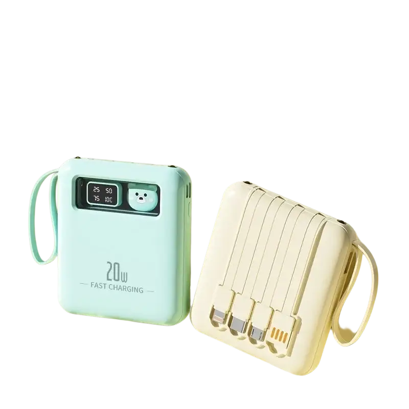 Mint green power bank with cute bear face digital display and 20w fast charging built-in cables mini portable charger
