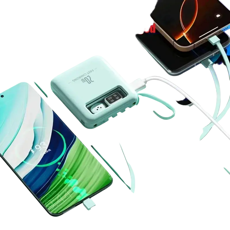Mint green power bank 20w with built-in cables, digital display, and cute face design for portable charging