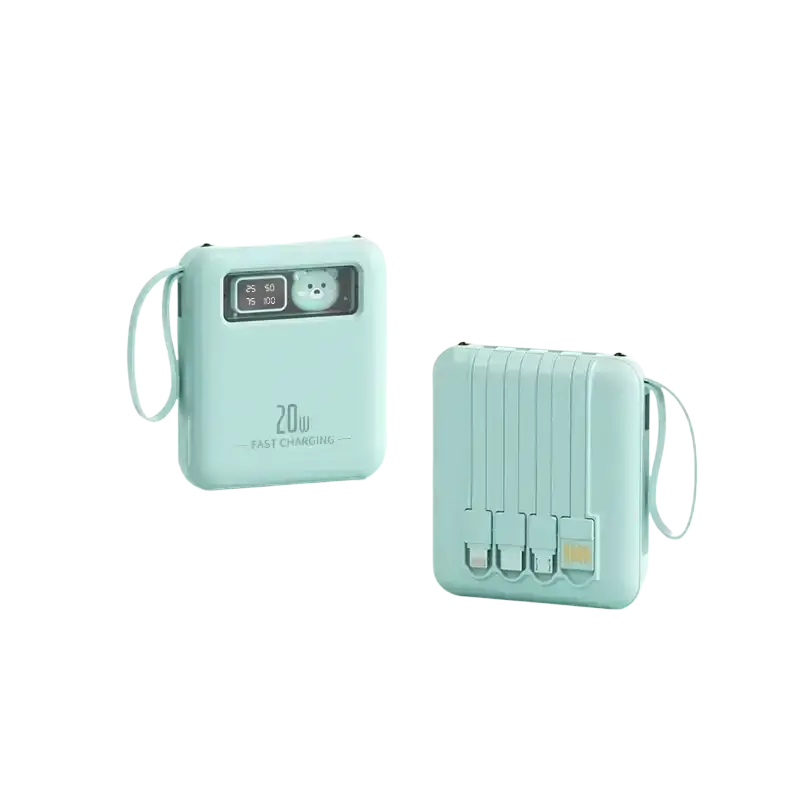 Mint green power bank 20w with digital display, built-in cables, cute bear face, and multiple usb ports