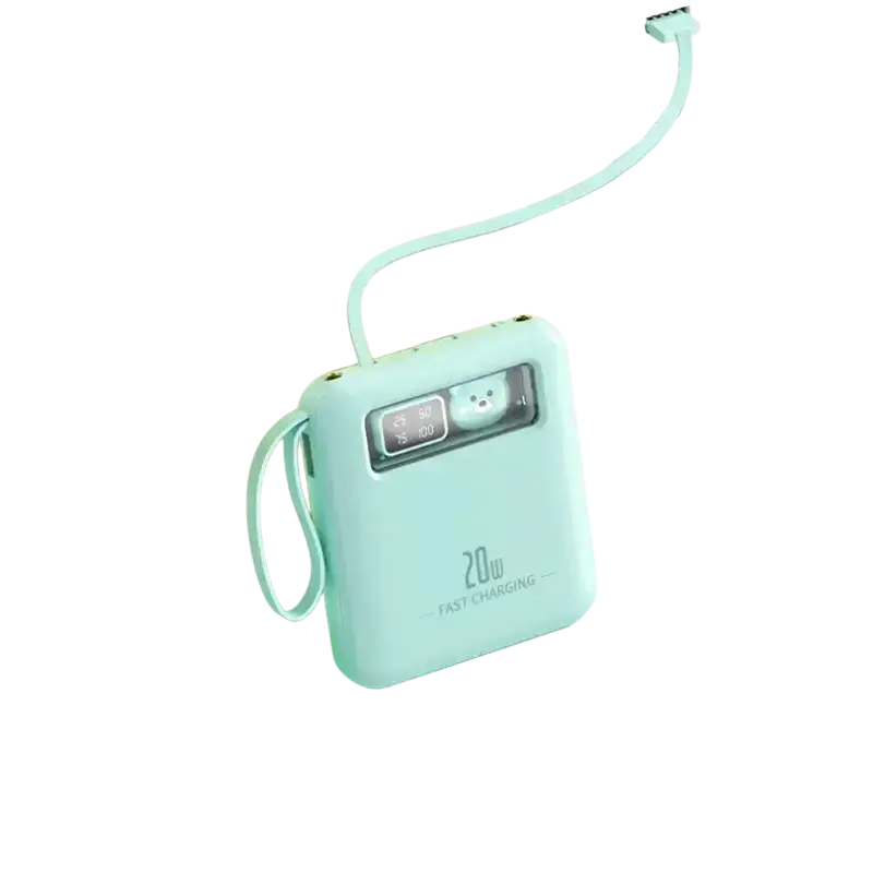 Mint green power bank with built-in cables digital display and a cute bear face design with integrated wrist strap