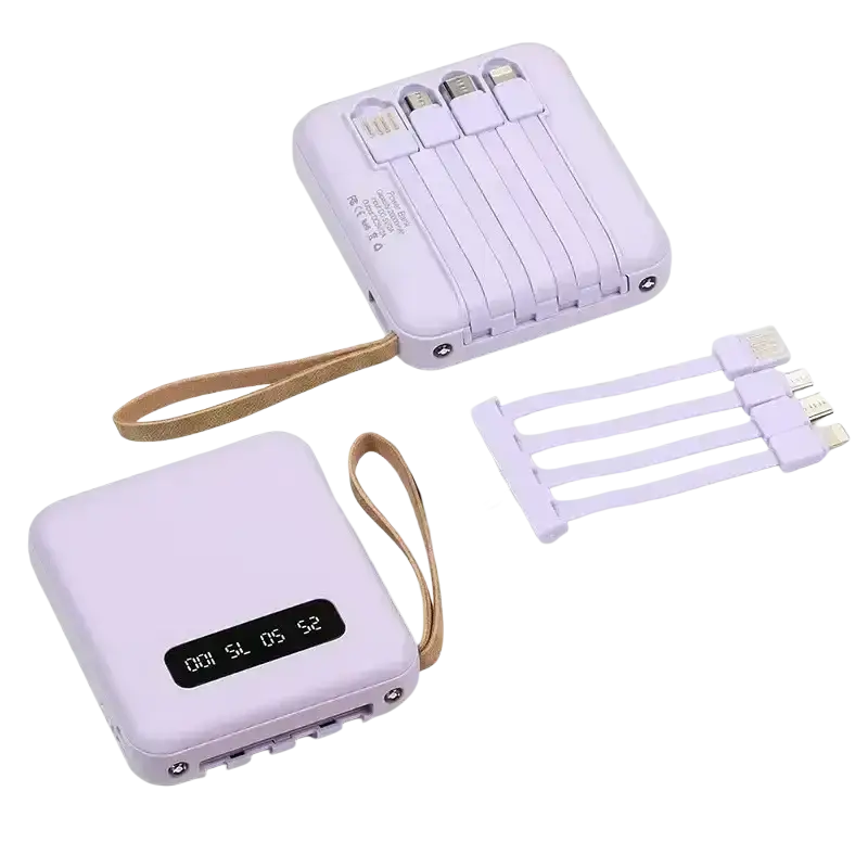 White rectangular power bank 20w with built-in cables digital display and wrist strap for portable charging