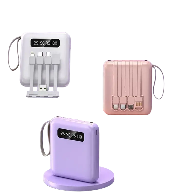 A sleek rectangular 20w power bank with digital display and built-in cables in white pink or lavender for portable charging