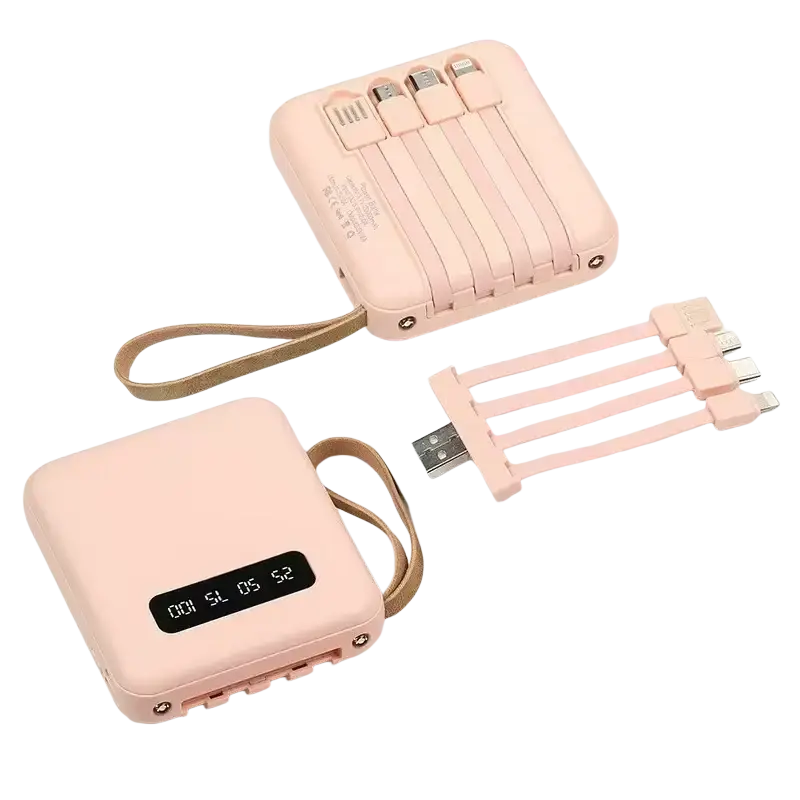 Pink rectangular power bank with 20w digital display built-in multi-port cable set mini portable charger