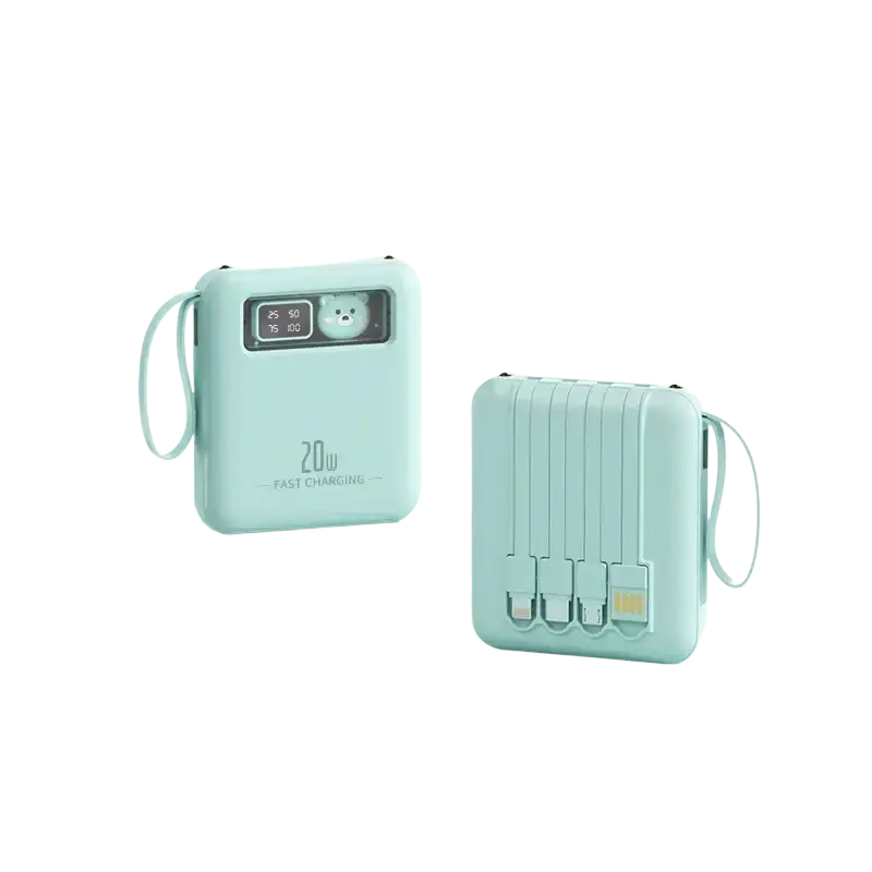Pastel mint power bank with digital display and cute bear face featuring multiple usb ports for portable charging