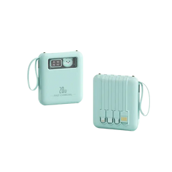 Pastel mint power bank with digital display and cute bear face featuring multiple usb ports for portable charging
