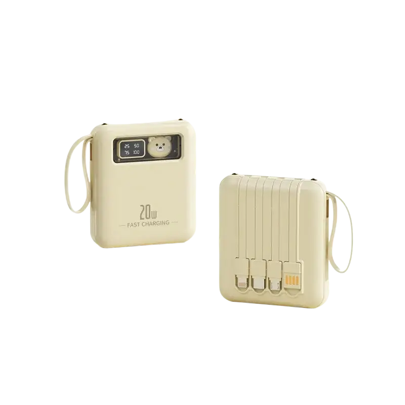 Cream-colored power bank with digital display, cute bear face, multiple usb ports, and built-in cables for portable charging