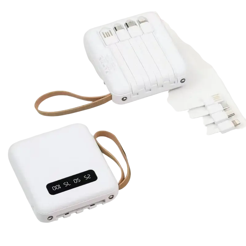 White portable power bank with digital display multiple usb ports and tan leather strap for easy carrying