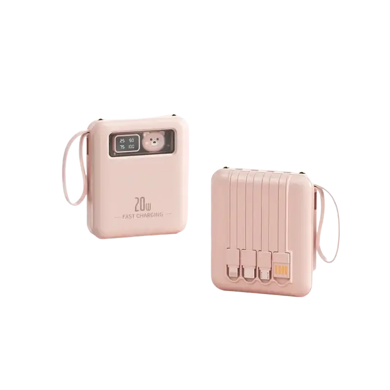 Pink power bank with cute bear face digital display and multiple usb ports mini portable charger with built-in cables