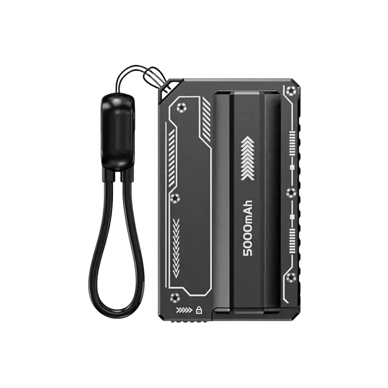 Black 5000mah power bank with fast charging, detachable battery, white circuit patterns, and a wrist strap