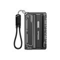 Black 5000mAh power bank with 22.5w fast charging, sleek futuristic design, white circuit patterns and detachable wrist strap