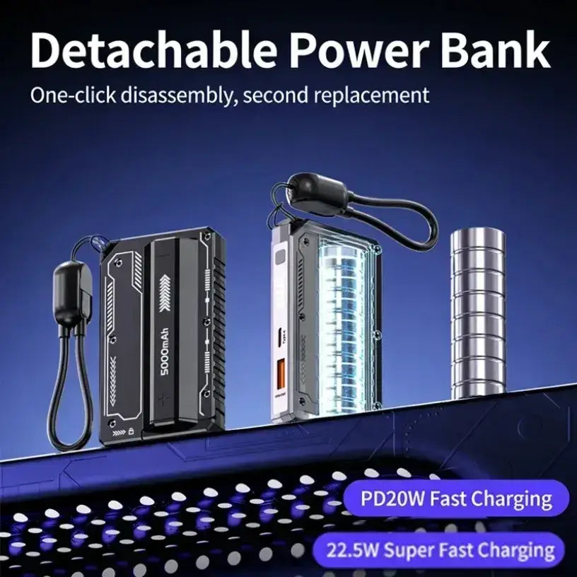 Black detachable battery power bank with silver accents 22.5w fast charging usb ports and wrist strap