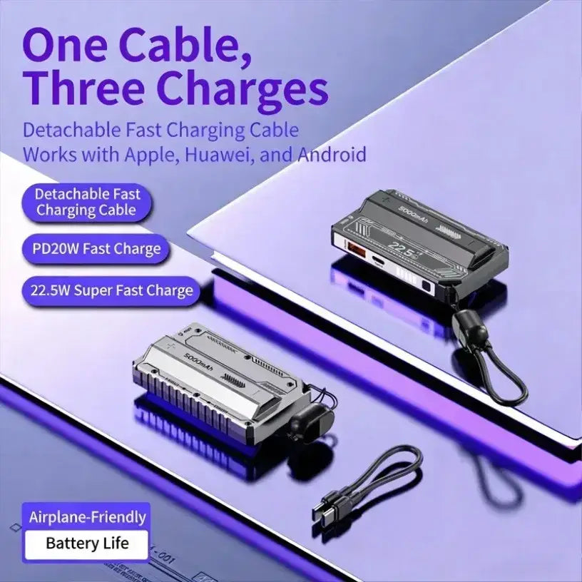 Black and silver detachable fast charging cable with pd20w and 22.5w super fast charge for power bank use