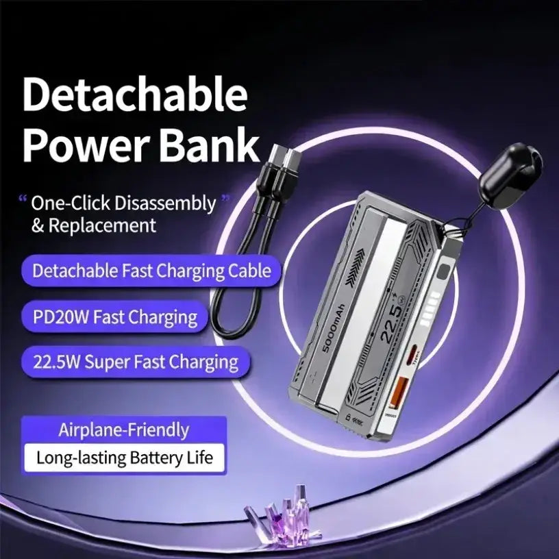Silver rectangular power bank with fast charging detachable battery and visible charging ports in sleek angular design