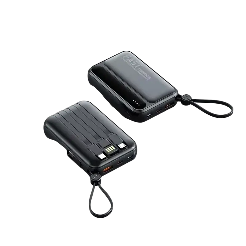 Black OnePlus power bank with textured surface and wrist strap featuring 30000mAh fast charging and built-in cables