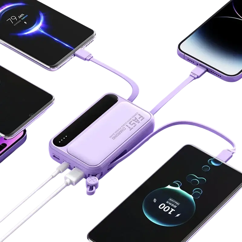 Lavender-colored power bank 30000mah with multiple ports and led indicator for fast charging and super fast charging