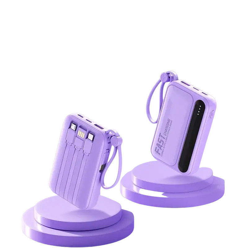 Purple mini portable power bank 30000mah with fast charging multiple usb ports and built-in wrist strap for convenience