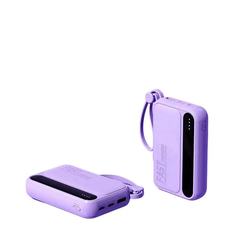 Purple portable power bank 30000mAh with wrist strap and multiple usb ports for fast charging and super fast charging