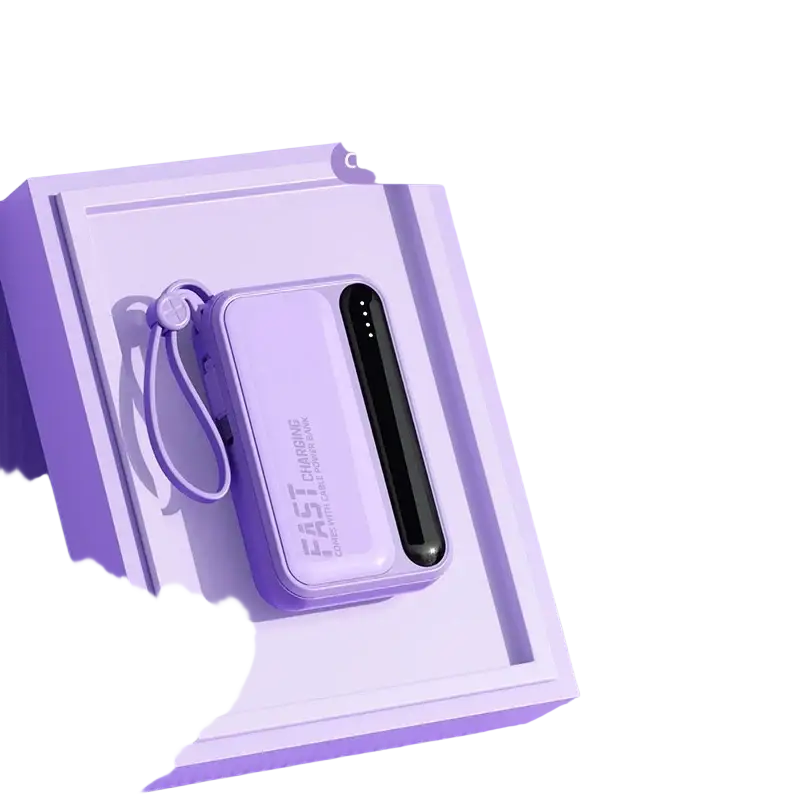 Purple power bank 30000mah with fast charging led display and matching wrist strap for super fast charging use