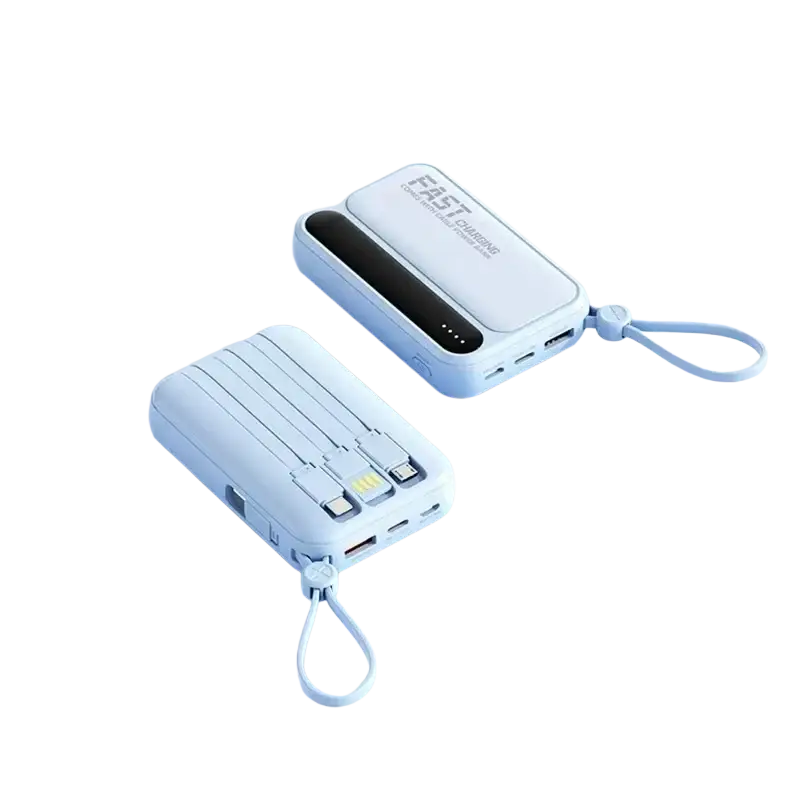 Two white oneplus power banks with fast charging text and ribbed design for super fast charging in purple case
