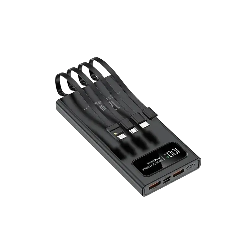 Black rectangular power bank with 100 percent charge display and four charging cables for 50000mah 30000mah 10000mah 120w fast charging
