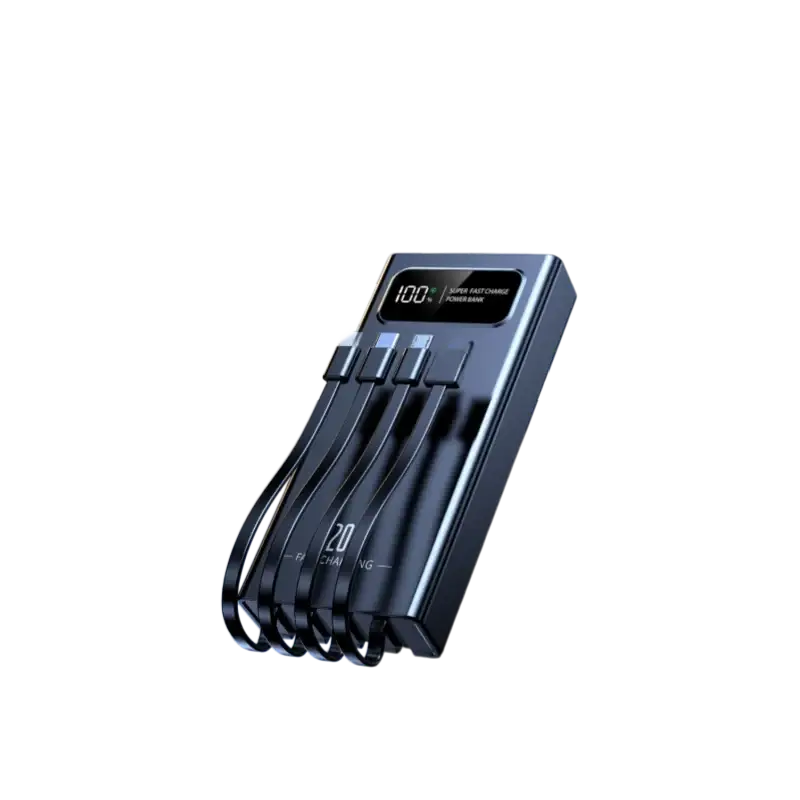 Black sleek power bank 50000mah 30000mah 10000mah with digital display and four integrated usb cables for 120w fast charging