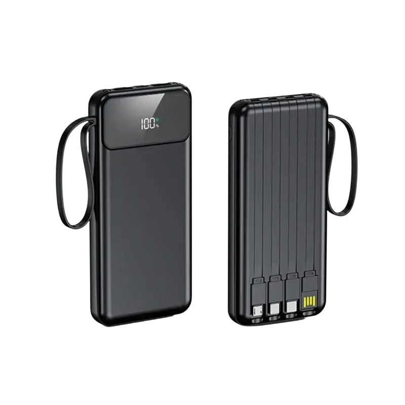 Black rectangular portable power bank 50000mah fast charging with digital display and multiple usb ports on the back