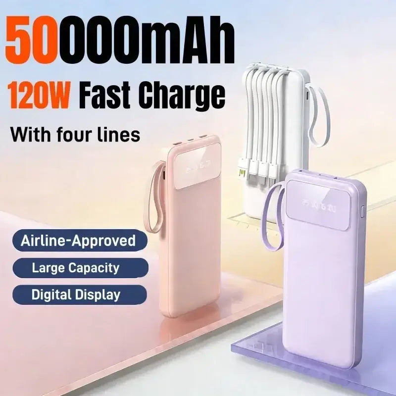 Pink and lavender portable power bank 50000mah with digital display and wrist strap for fast charging and easy carrying