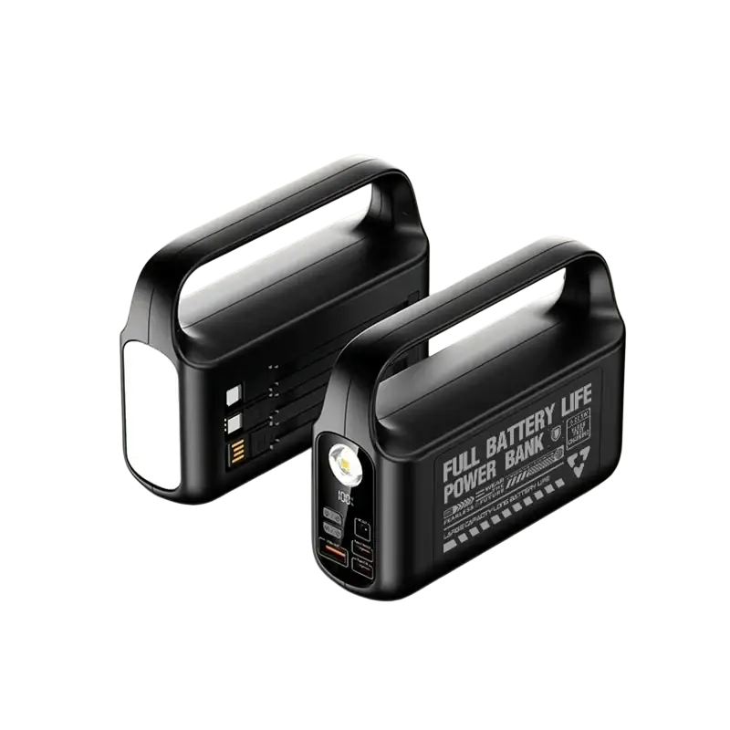 Black portable power bank 50000mah with integrated led flashlight multiple usb ports and sturdy handle for easy carrying
