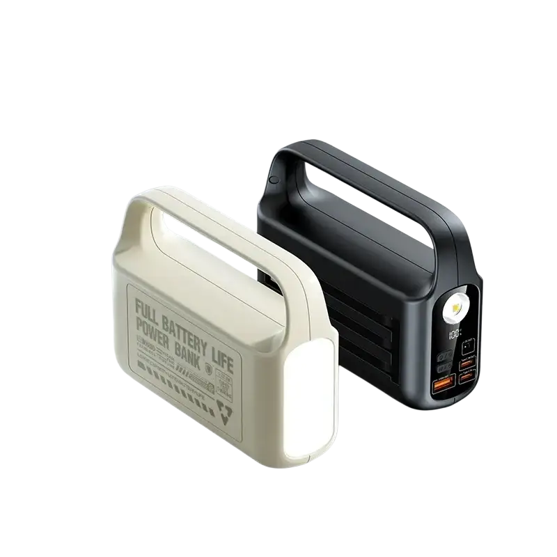 Two compact portable power banks with built-in handles in off-white and black for easy camping use