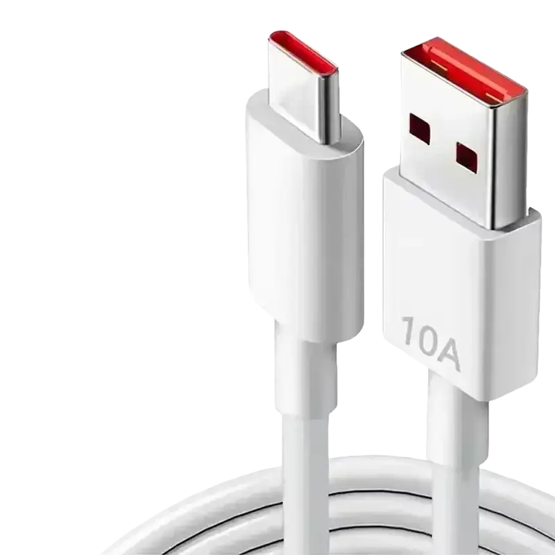 White usb-c to usb-a charging cable with red connectors and 10a print for power bank 50000mah portable power use