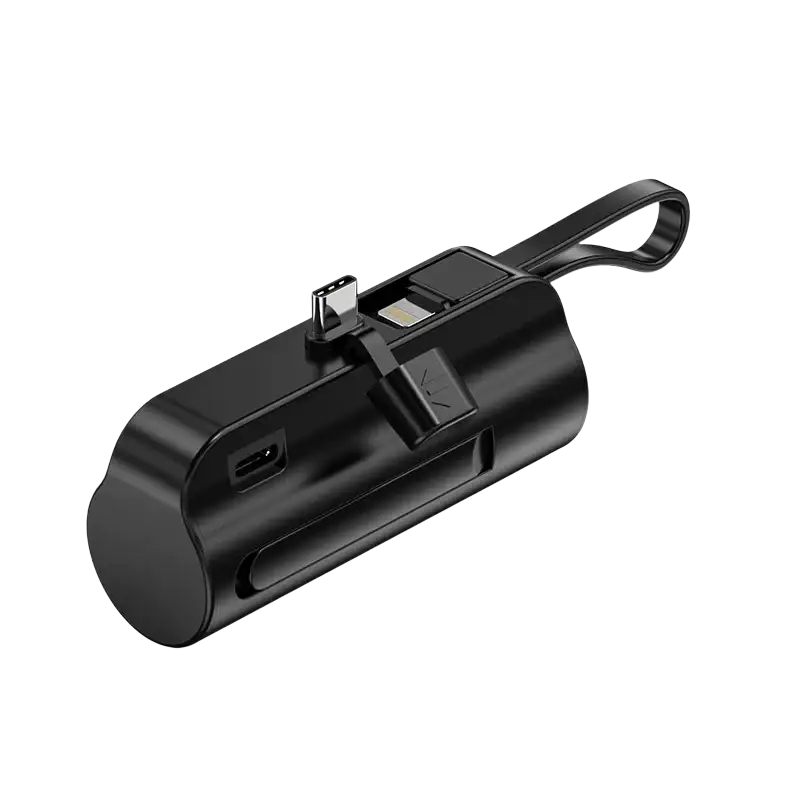 Black cylindrical power bank 5000mah quick charge portable charger with multiple ports and looped handle for large capacity use
