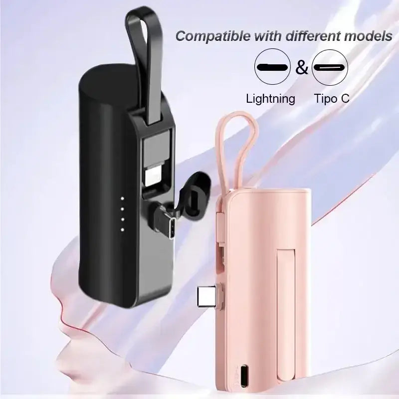 Black and rose gold power bank 5000mah quick charge portable charger with integrated charging cables for convenient use