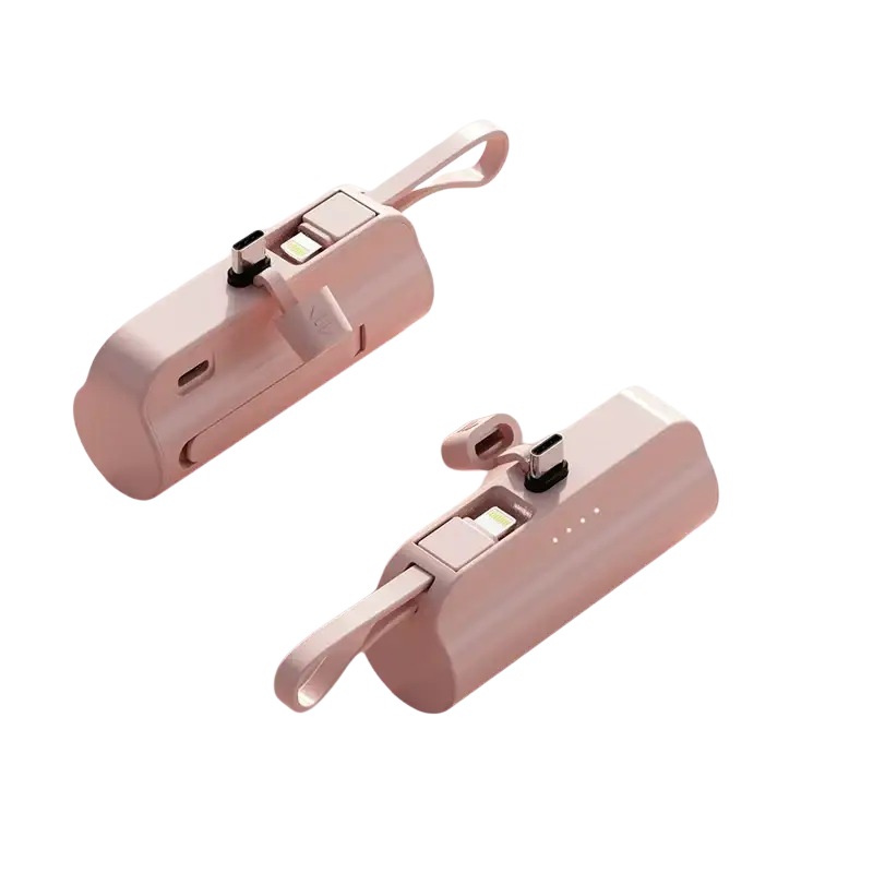 Pink cylindrical power bank 5000mah quick charge portable charger with integrated usb-c and lightning ports and loop handle