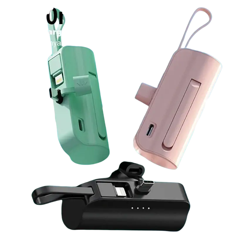 A sleek compact black power bank 5000mah with large capacity quick charge and built-in lanyard and usb-c port