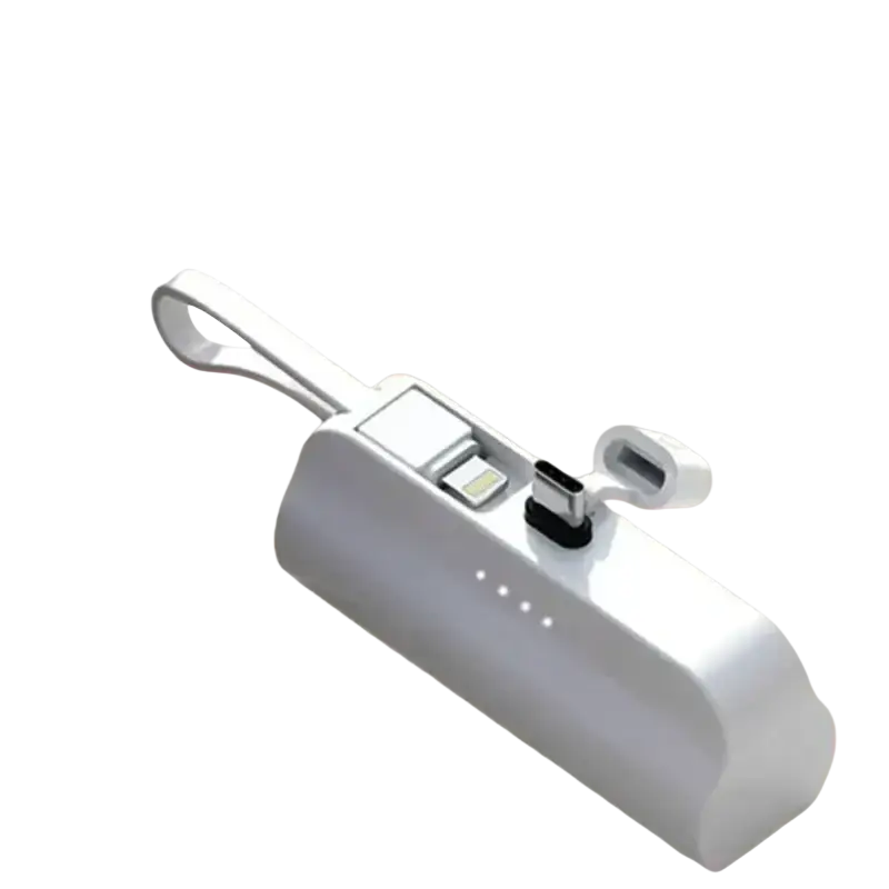 White power bank 5000mah quick charge portable charger with integrated usb-c and lightning ports and carrying strap