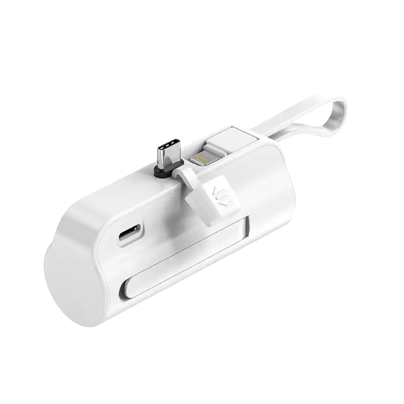 White power bank 5000mAh with dual USB ports quick charge and built-in carrying loop for large capacity charging