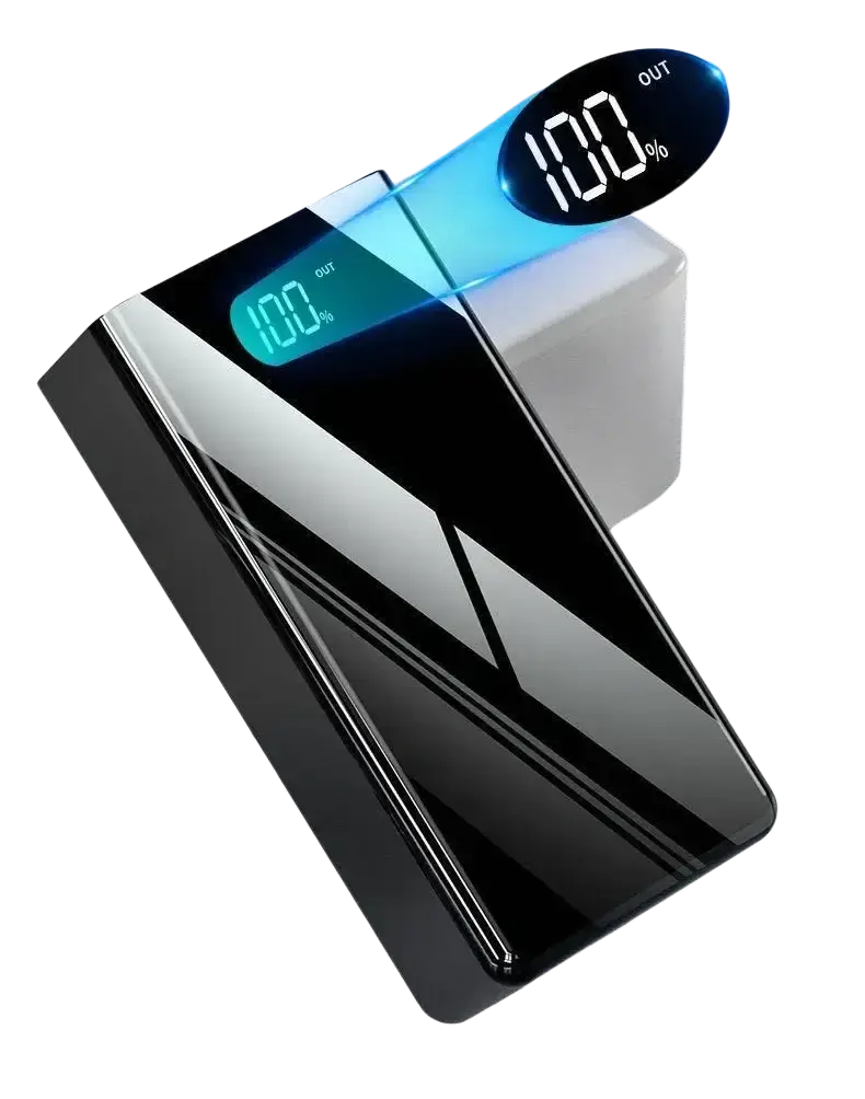 Black power bank with sleek glossy finish and blue led display showing 100% battery for charging devices