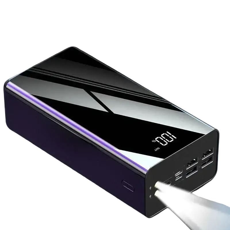 Black and purple rectangular power bank with glossy finish and led display showing 100% charge for charging devices