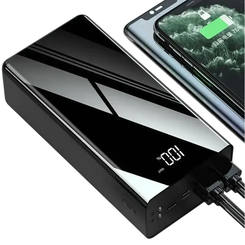 Black rectangular power bank with glossy finish silver accents and led display showing 100 percent charge for charging devices