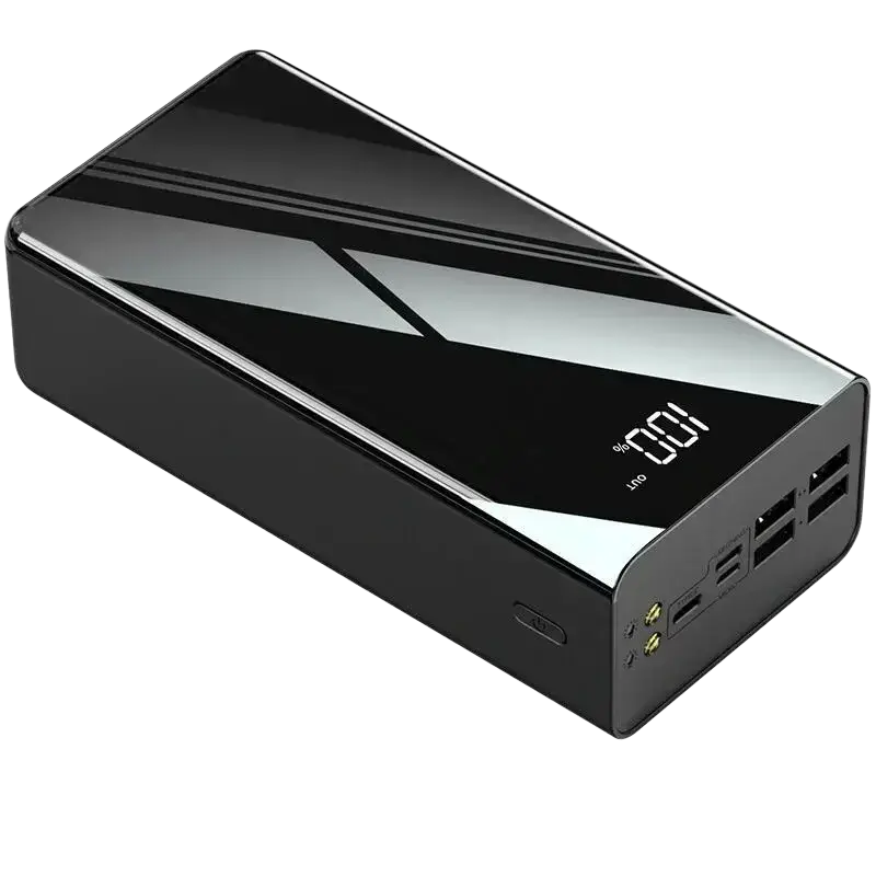 Black rectangular power bank with glossy finish and silver accents featuring led display showing 100% charge for charging devices