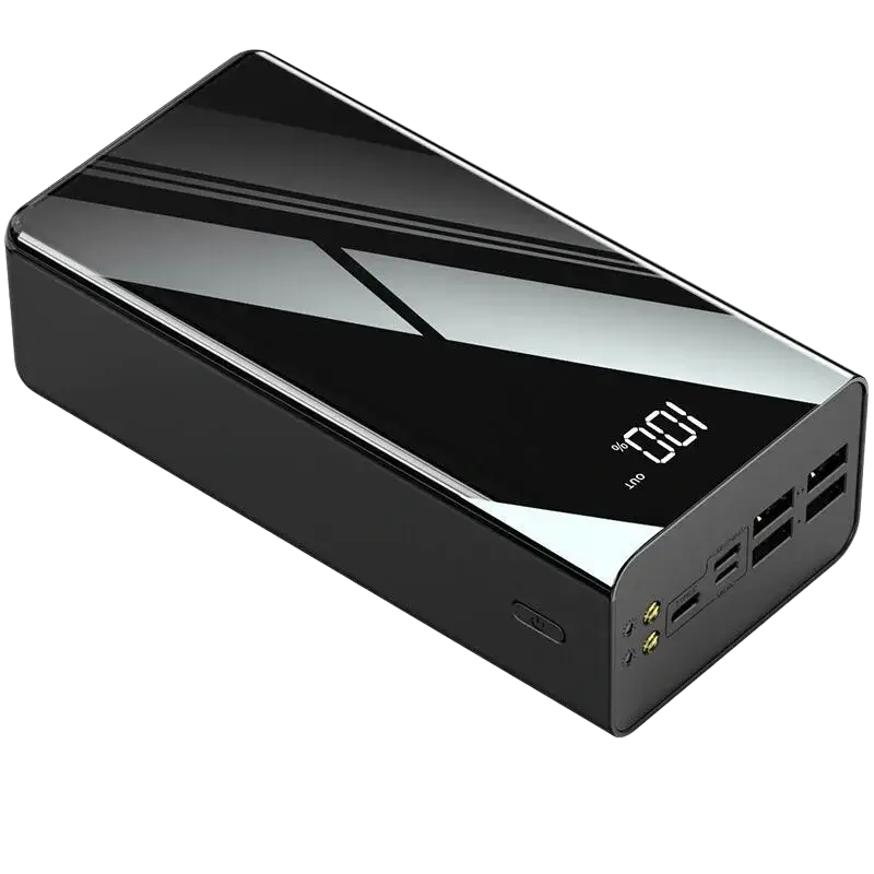 Power bank 60000mah portable charger with glossy black finish, silver accents, led display, and multiple usb ports for charging devices compatible model