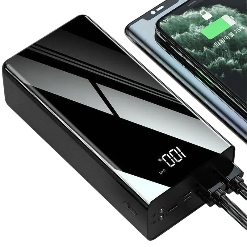 Black rectangular power bank with glossy finish and digital led display showing 100 percent charge for charging devices compatible model