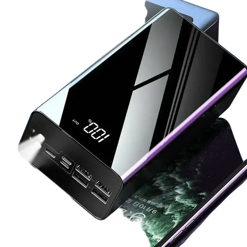 Black and silver power bank 60000mah portable charger with led display and multiple usb ports for charging devices