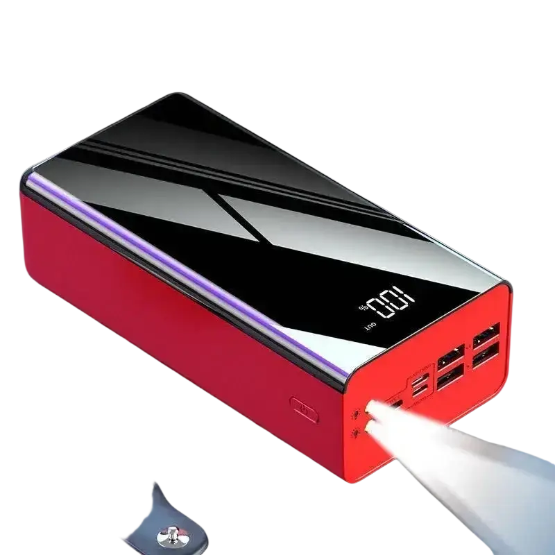 Red and black power bank 60000mah portable charger with led display showing 100 percent charge and multiple usb ports