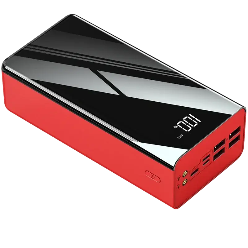 Red and black rectangular power bank with glossy finish, multiple usb ports, and led display for charging devices compatibility