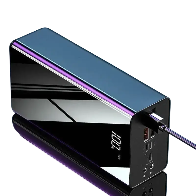 Power bank 60000mAh portable charger with glossy black blue gradient finish multiple USB ports and led display for charging devices