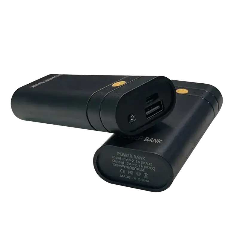 Black cylindrical power bank box with usb port and gold accents for electronic phone charging 6000mah capacity