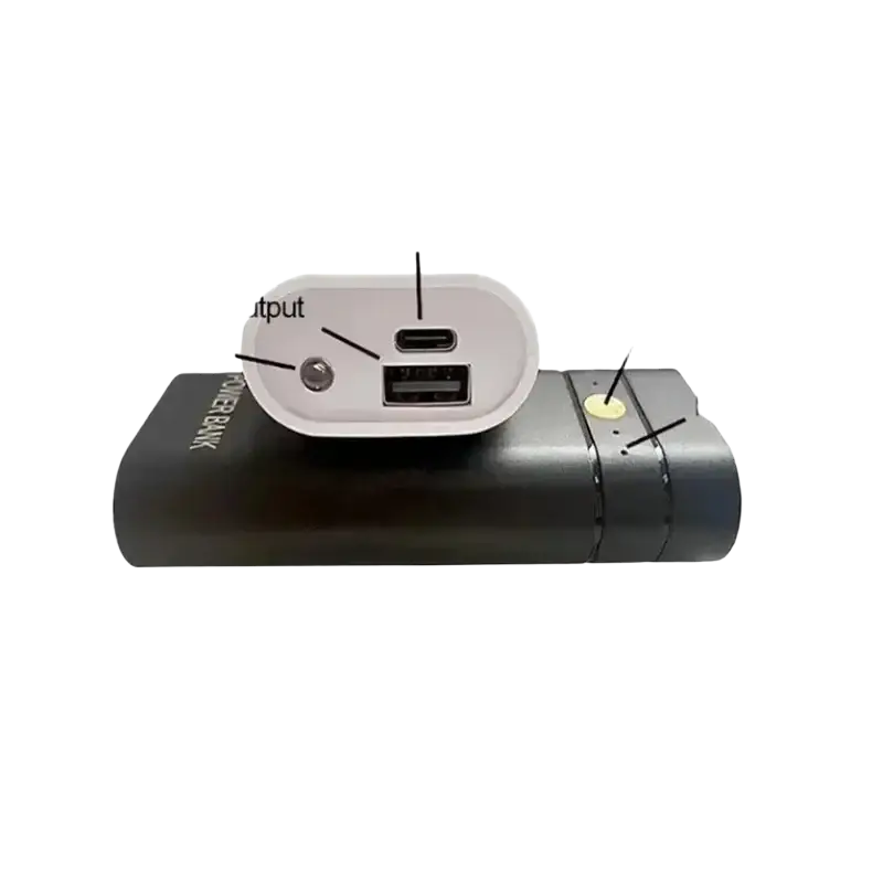 Black cylindrical power bank box 6000mah with white top panel usb outputs type-c input led light for phone electronic charging