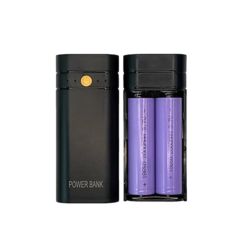 Black power bank box with gold button and silver text shown open with two purple batteries 6000mah for phone electronic charging