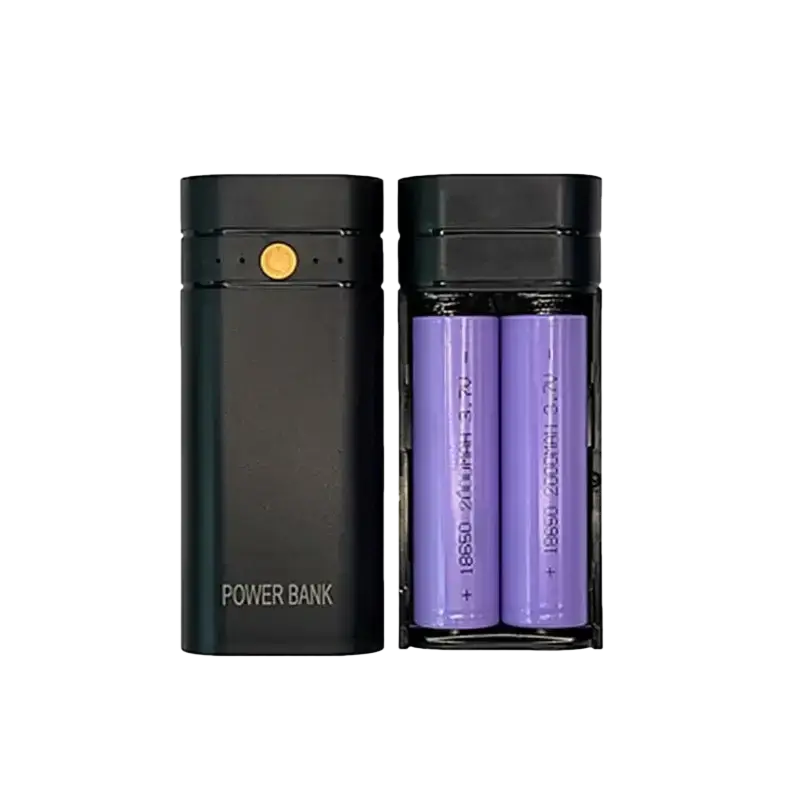 Black rectangular power bank box with gold button and silver text open to show two purple 18650 batteries 6000mah